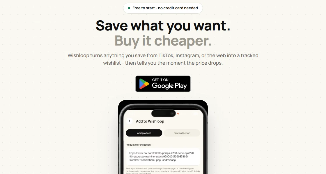 Wishloop homepage: "Save what you want. Buy it cheaper."
