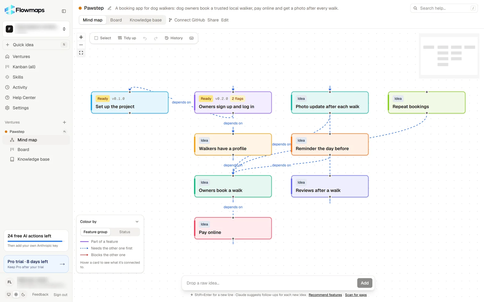 The Flowmaps mind map of Pawstep, a booking app for dog walkers: feature cards in build order, with lines showing which feature depends on which
